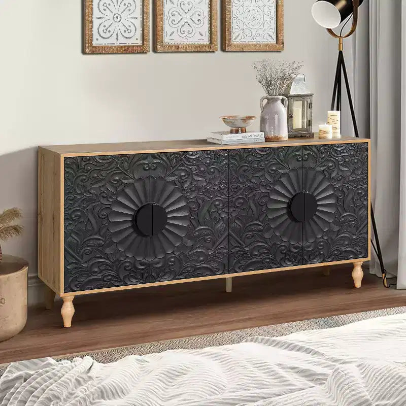 Mobile Contenitore Okak con Anta Intagliata a Fiore, Mobile Ingresso con Maniglia in Metallo, Credenza per Soggiorno