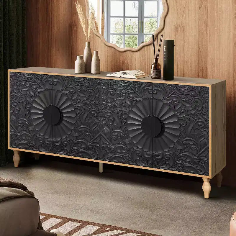 Mobile Contenitore Okak con Anta Intagliata a Fiore, Mobile Ingresso con Maniglia in Metallo, Credenza per Soggiorno