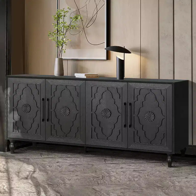 Mobile Contenitore Okak con Anta Intagliata a Fiore, Mobile Ingresso con Maniglia in Metallo, Credenza per Soggiorno