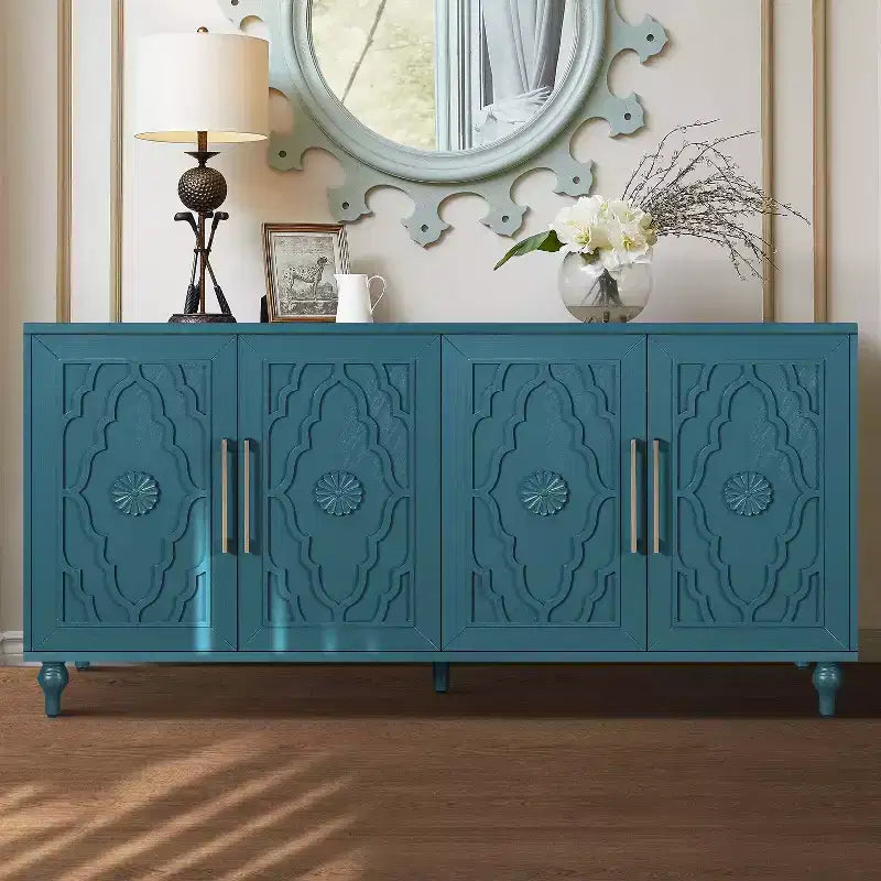 Mobile Contenitore Okak con Anta Intagliata a Fiore, Mobile Ingresso con Maniglia in Metallo, Credenza per Soggiorno