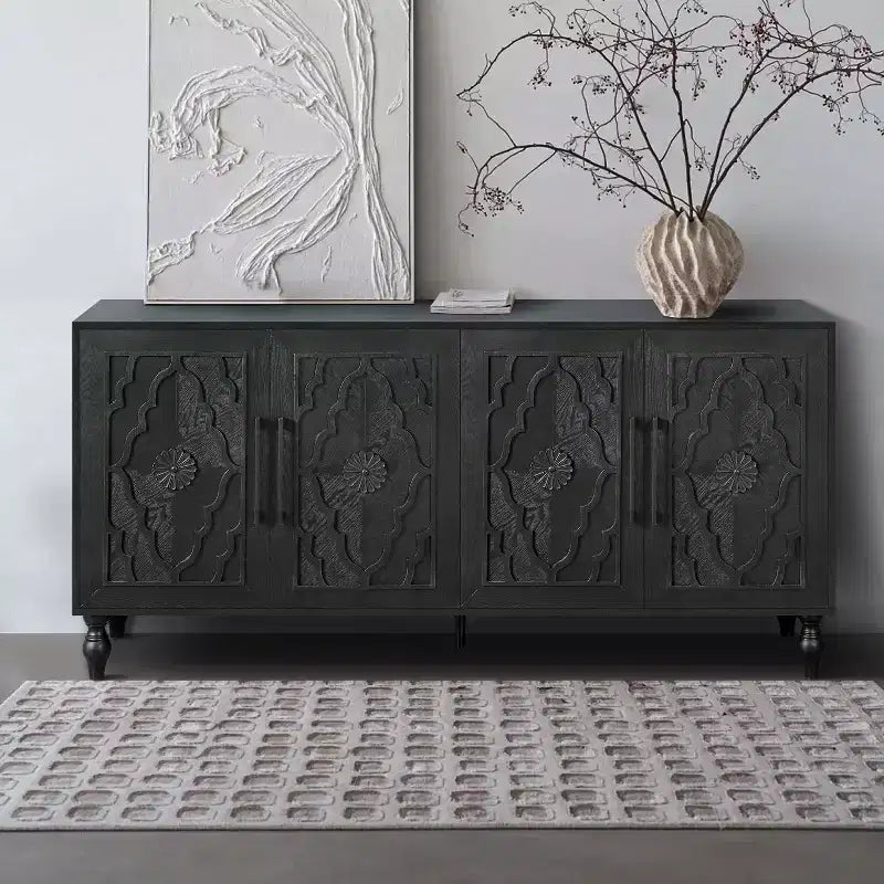 Mobile Contenitore Okak con Anta Intagliata a Fiore, Mobile Ingresso con Maniglia in Metallo, Credenza per Soggiorno