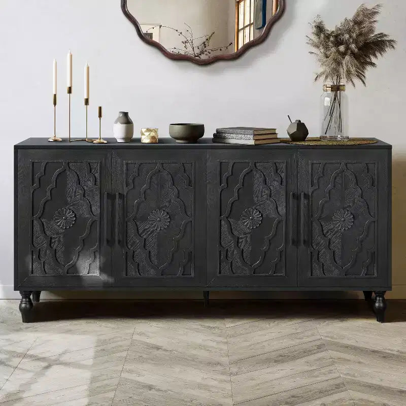 Mobile Contenitore Okak con Anta Intagliata a Fiore, Mobile Ingresso con Maniglia in Metallo, Credenza per Soggiorno