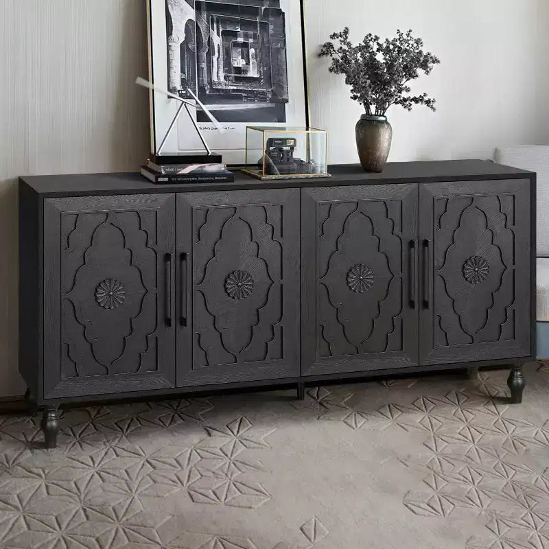 Mobile Contenitore Okak con Anta Intagliata a Fiore, Mobile Ingresso con Maniglia in Metallo, Credenza per Soggiorno