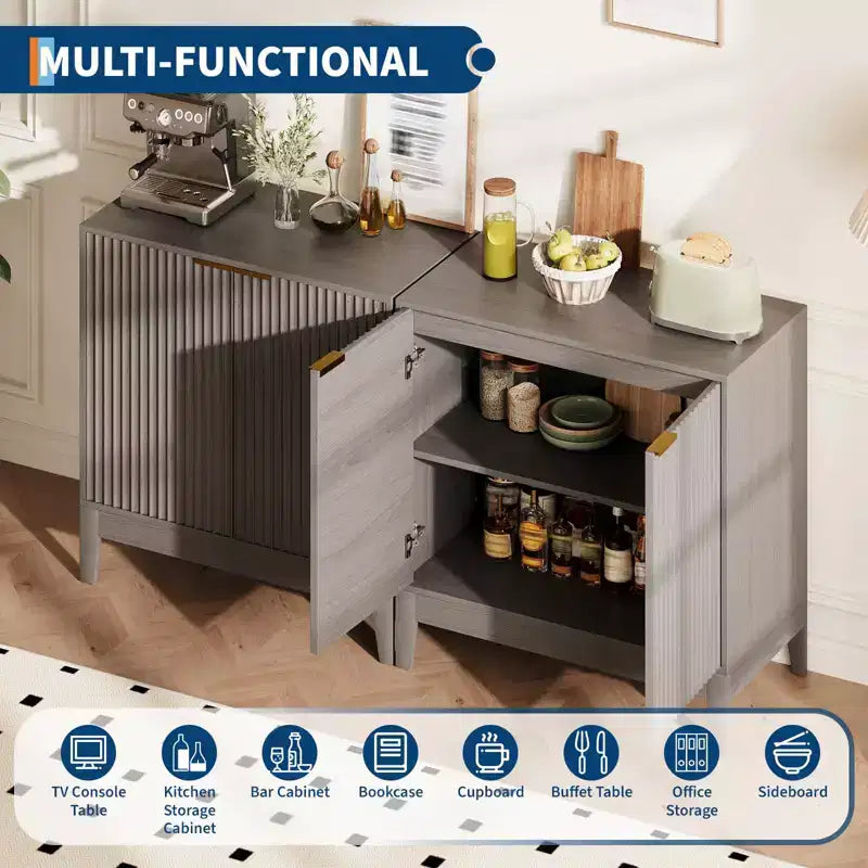 CuisinSmart Mobile Contenitore a Scanalature da 31.5 Pollici con Maniglie Dorate, Ripiano Regolabile, Credenza Finitura Rovere, Madia Moderna per Sala da Pranzo Cucina