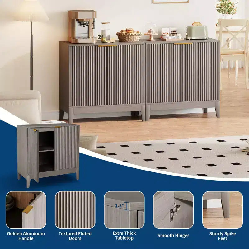 CuisinSmart Mobile Contenitore a Scanalature da 31.5 Pollici con Maniglie Dorate, Ripiano Regolabile, Credenza Finitura Rovere, Madia Moderna per Sala da Pranzo Cucina