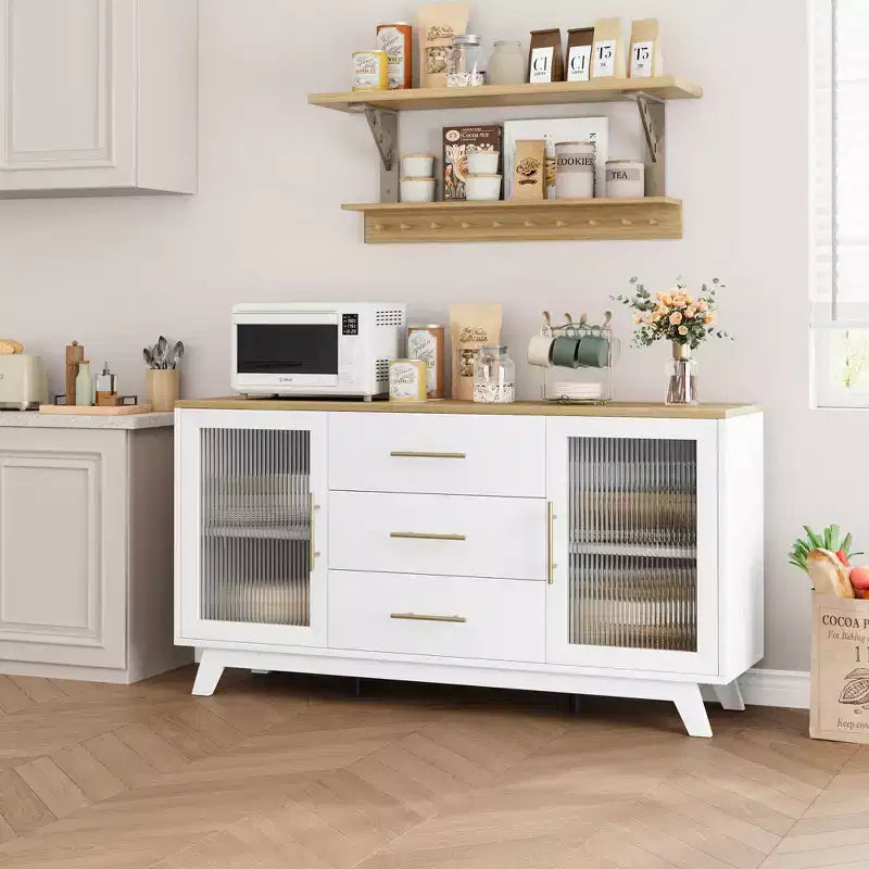 COZONY 56 Credenza Buffet con 2 Ante in Vetro Scanalato, 3 Grandi Cassetti, Mobile Bar Moderno per Cucina Sala da Pranzo Soggiorno