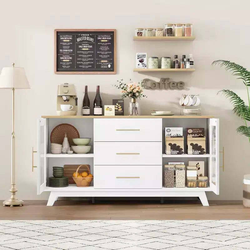 COZONY 56 Credenza Buffet con 2 Ante in Vetro Scanalato, 3 Grandi Cassetti, Mobile Bar Moderno per Cucina Sala da Pranzo Soggiorno