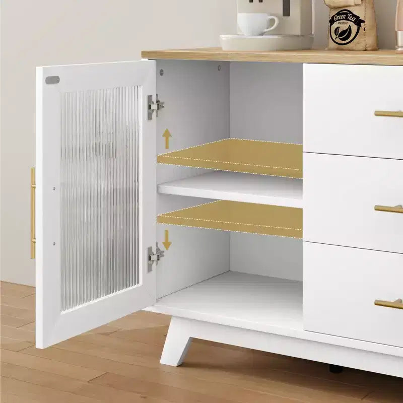 COZONY 56 Credenza Buffet con 2 Ante in Vetro Scanalato, 3 Grandi Cassetti, Mobile Bar Moderno per Cucina Sala da Pranzo Soggiorno