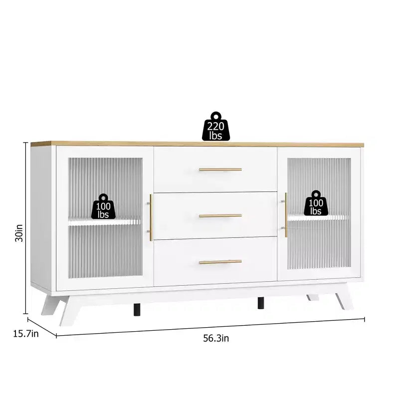 COZONY 56 Credenza Buffet con 2 Ante in Vetro Scanalato, 3 Grandi Cassetti, Mobile Bar Moderno per Cucina Sala da Pranzo Soggiorno