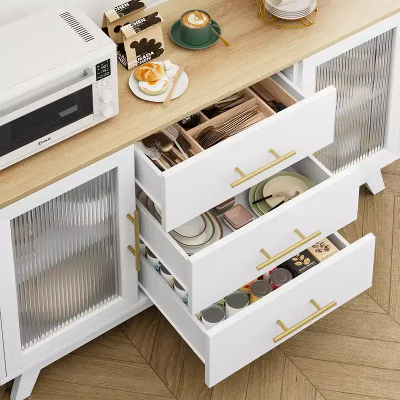 COZONY 56 Credenza Buffet con 2 Ante in Vetro Scanalato, 3 Grandi Cassetti, Mobile Bar Moderno per Cucina Sala da Pranzo Soggiorno