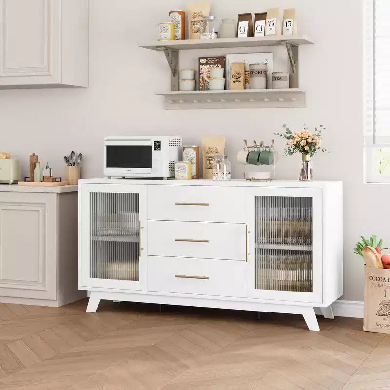 COZONY 56 Credenza Buffet con 2 Ante in Vetro Scanalato, 3 Grandi Cassetti, Mobile Bar Moderno per Cucina Sala da Pranzo Soggiorno