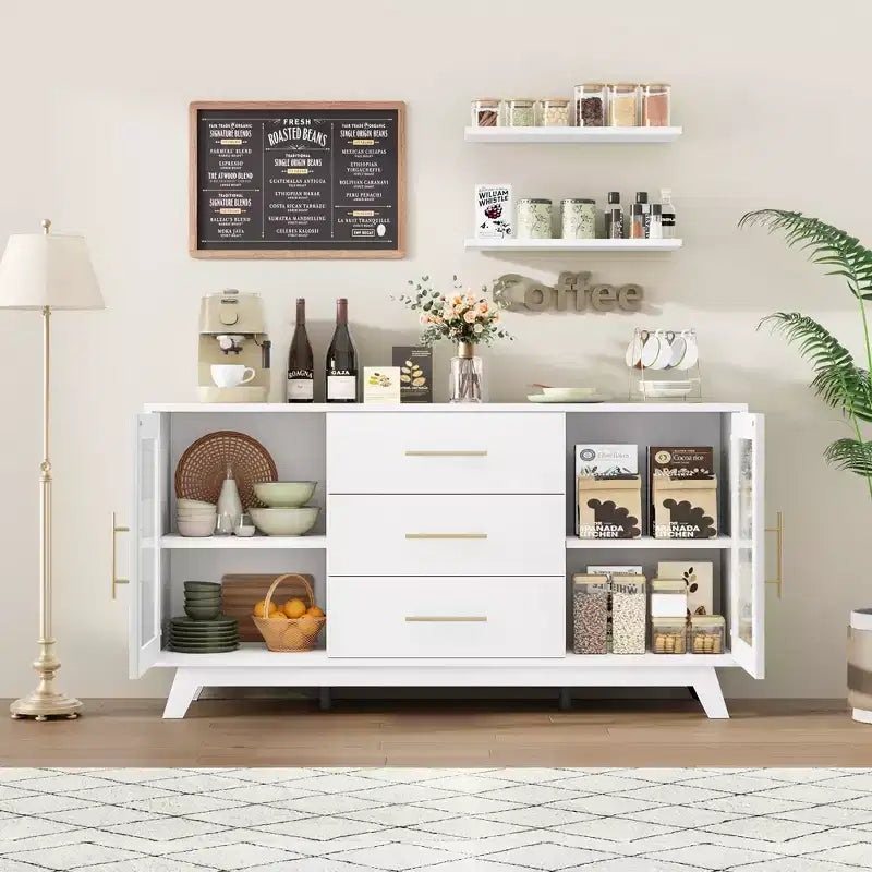 COZONY 56 Credenza Buffet con 2 Ante in Vetro Scanalato, 3 Grandi Cassetti, Mobile Bar Moderno per Cucina Sala da Pranzo Soggiorno