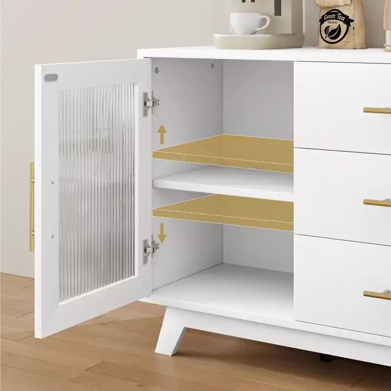 COZONY 56 Credenza Buffet con 2 Ante in Vetro Scanalato, 3 Grandi Cassetti, Mobile Bar Moderno per Cucina Sala da Pranzo Soggiorno