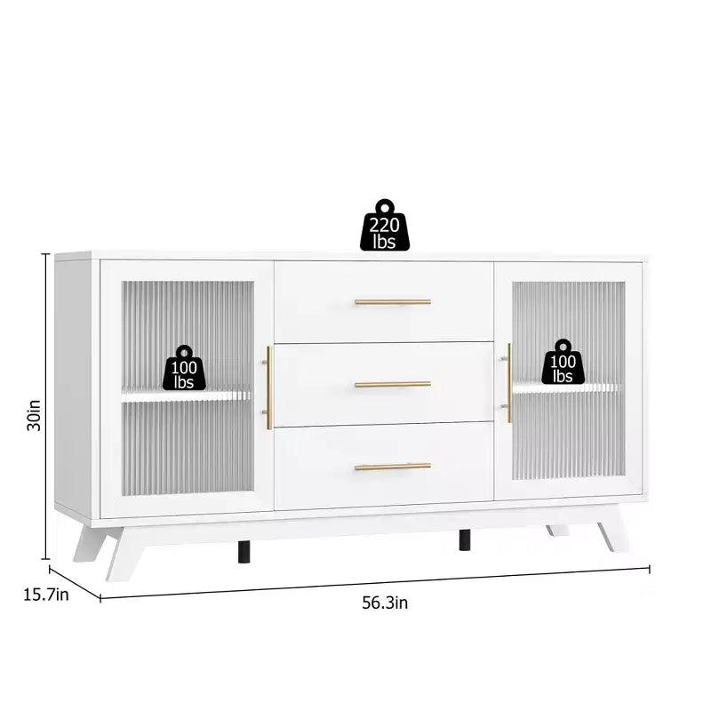 COZONY 56 Credenza Buffet con 2 Ante in Vetro Scanalato, 3 Grandi Cassetti, Mobile Bar Moderno per Cucina Sala da Pranzo Soggiorno