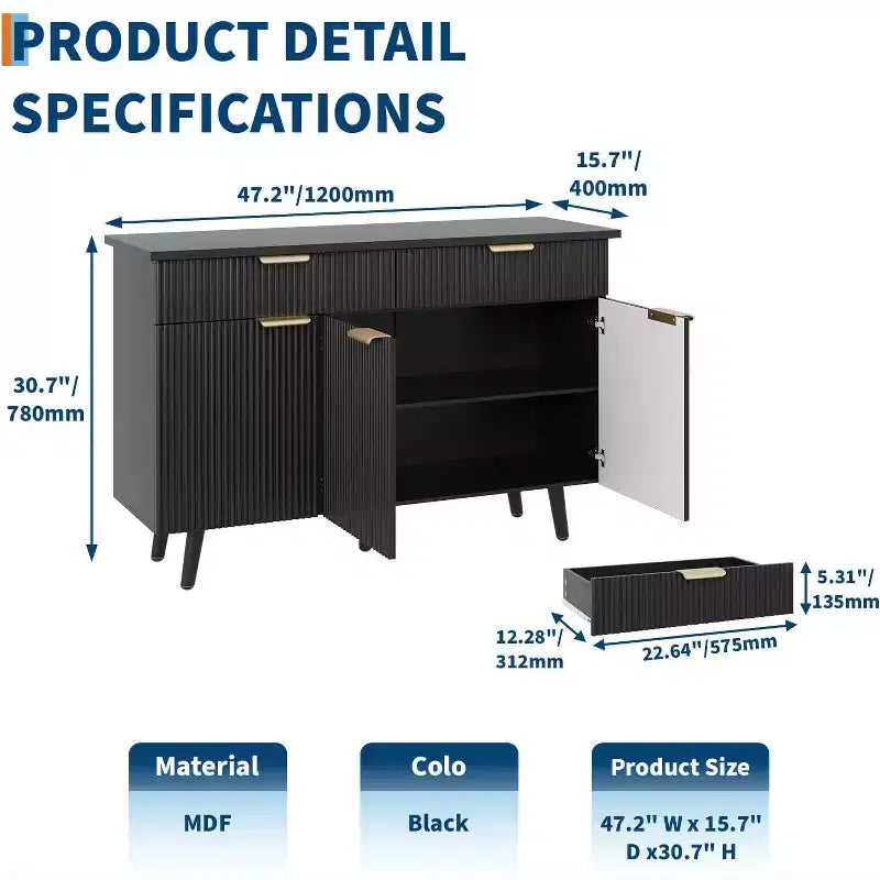 COZONY 47 Madia Moderna Scanalata, Credenza Consolle con 3 Ante, 2 Cassetti e Ripiani Regolabili, Credenza d'Appoggio per Sala da Pranzo e Soggiorno