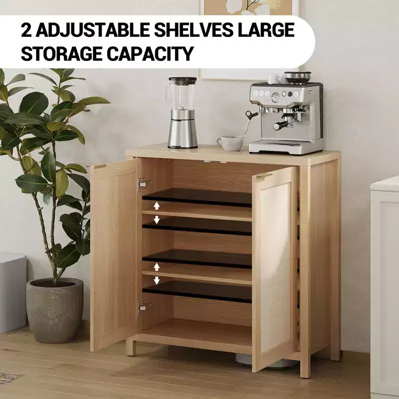 COZONY 34 Madia Buffet in Rattan con Ripiani Regolabili, Credenza Contenitore Freestanding per Sala da Pranzo, Cucina, Corridoio, Arredamento Bohemien