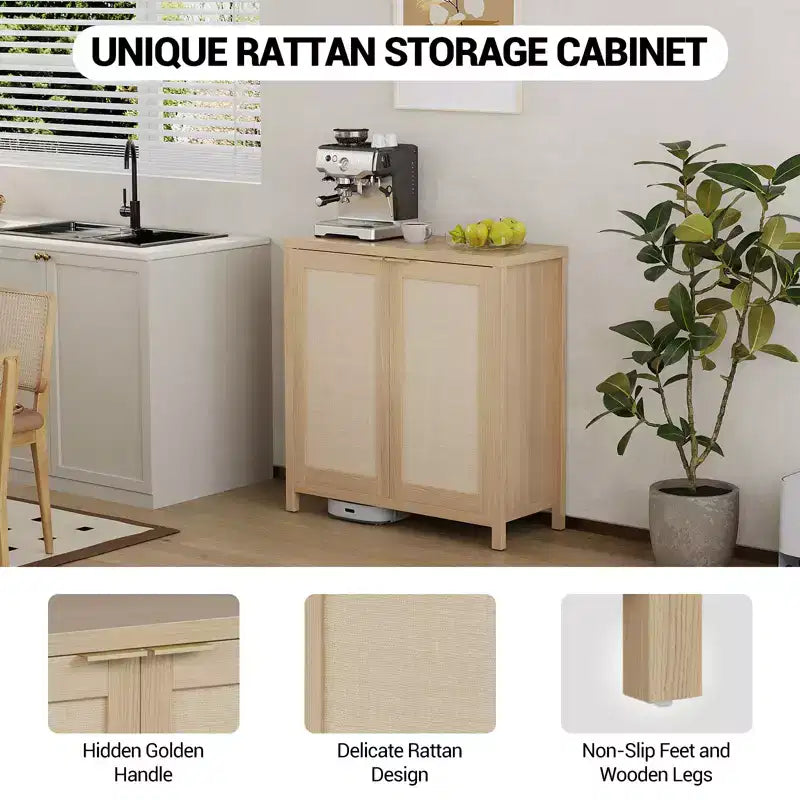 COZONY 34 Madia Buffet in Rattan con Ripiani Regolabili, Credenza Contenitore Freestanding per Sala da Pranzo, Cucina, Corridoio, Arredamento Bohemien