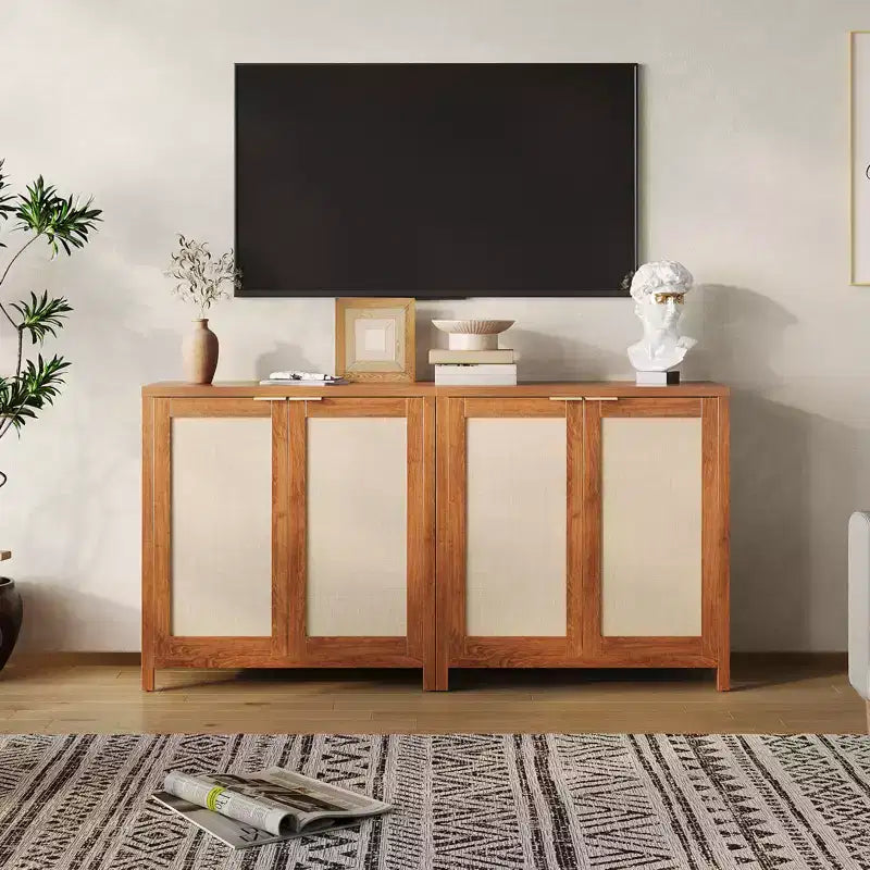 COZONY 34 Madia Buffet in Rattan con Ripiani Regolabili, Credenza Contenitore Freestanding per Sala da Pranzo, Cucina, Corridoio, Arredamento Bohemien