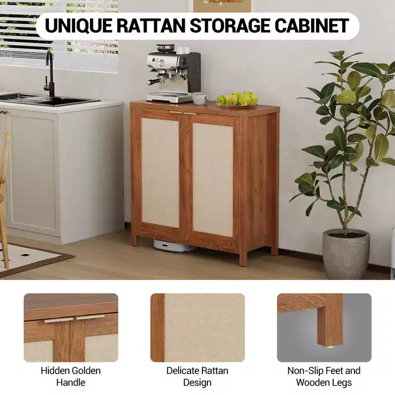 COZONY 34 Madia Buffet in Rattan con Ripiani Regolabili, Credenza Contenitore Freestanding per Sala da Pranzo, Cucina, Corridoio, Arredamento Bohemien