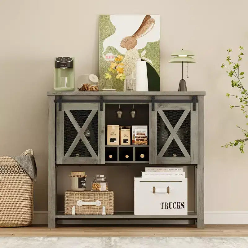 Wine Bar Cabinet with Sliding Barn Door, Rustic Kitchen Buffet Sideboard with Wine Rack & Glass Holder, Storage Liquor Cabinet for Dining Room, Grey