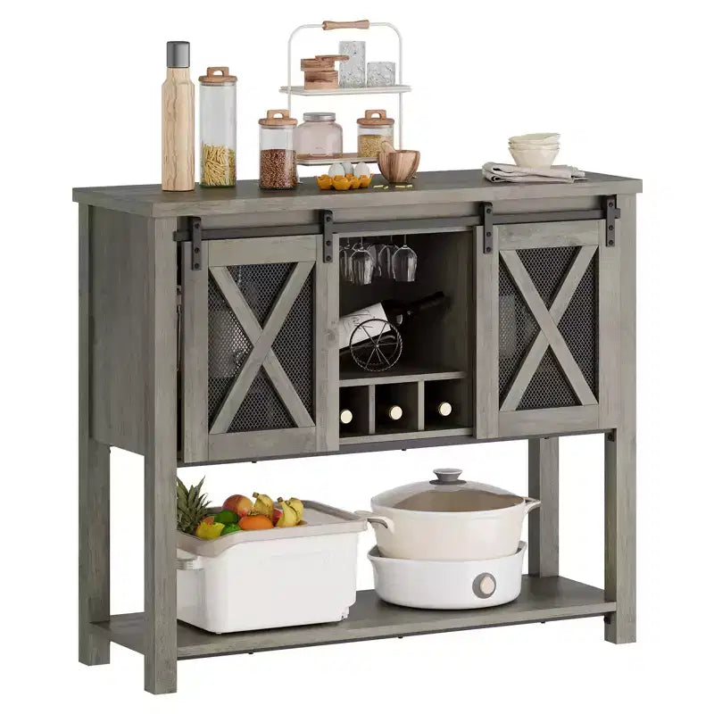 Mobile Bar con Porta Scorrevole a Fienile, Credenza Rustica da Cucina con Portabottiglie e Portabicchieri, Mobile Contenitore per Liquori per Sala da Pranzo, Grigio