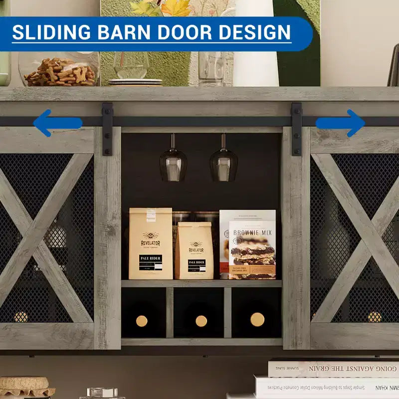 Mobile Bar con Porta Scorrevole a Fienile, Credenza Rustica da Cucina con Portabottiglie e Portabicchieri, Mobile Contenitore per Liquori per Sala da Pranzo, Grigio