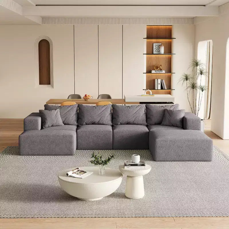 Divano sezionale modulare a L da 335 cm con rivestimento in ciniglia, set da 6 pezzi con cuscini profondi e cuscini decorativi per soggiorno e camera da letto
