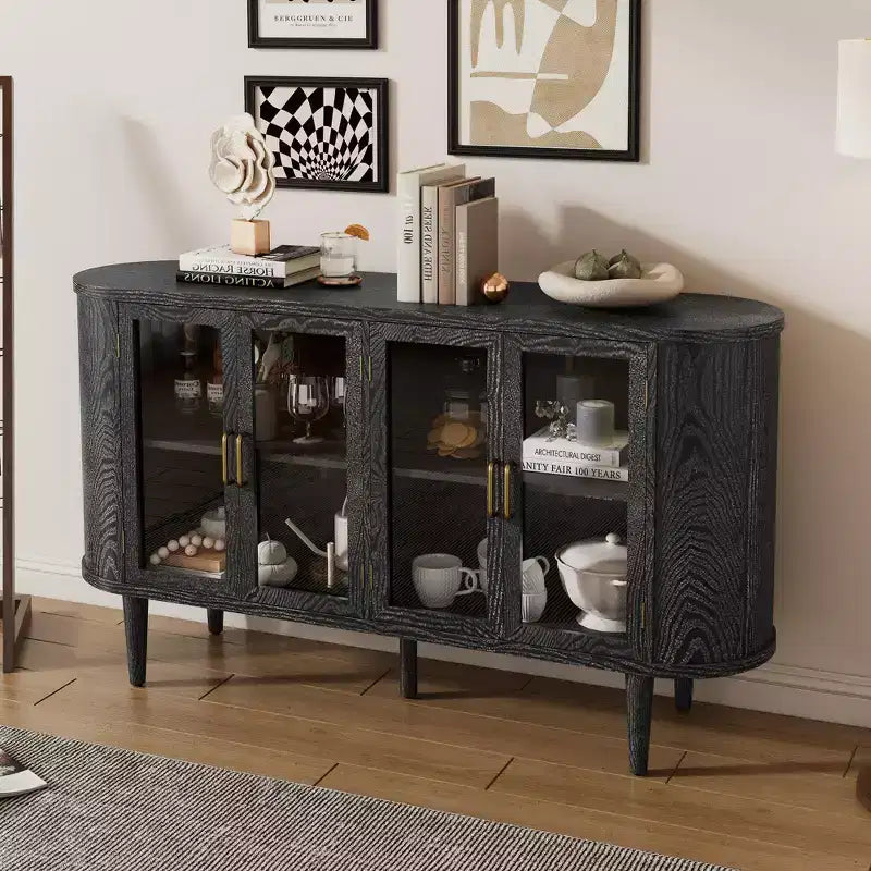 Credenza Bestier in Stile Rustico con Ante in Vetro e Ripiani Regolabili per Cucina, Sala da Pranzo e Soggiorno