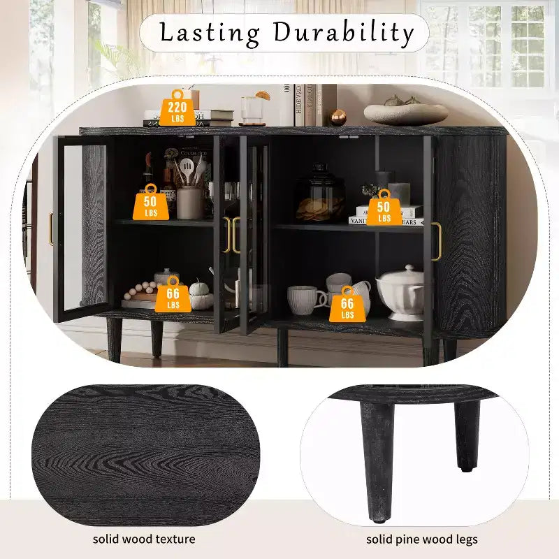 Credenza Bestier in Stile Rustico con Ante in Vetro e Ripiani Regolabili per Cucina, Sala da Pranzo e Soggiorno