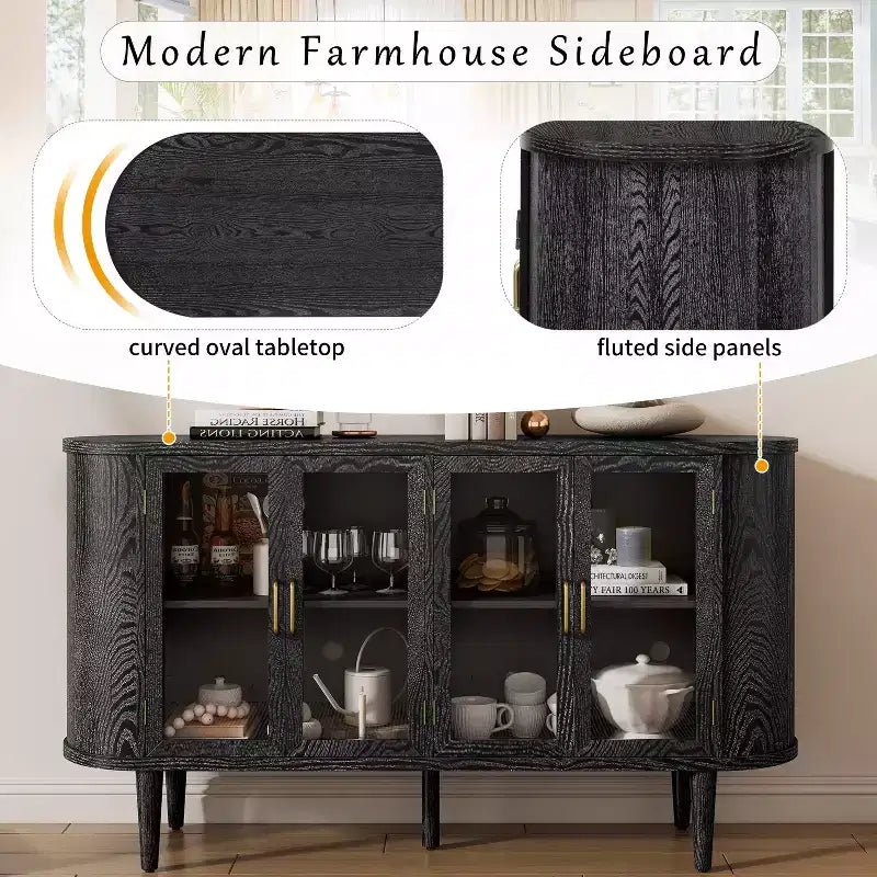Credenza Bestier in Stile Rustico con Ante in Vetro e Ripiani Regolabili per Cucina, Sala da Pranzo e Soggiorno