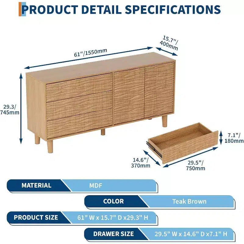 Acekool 61 Credenza Mid-Century - Mobile Buffet in Legno Naturale con 3 Cassetti, 2 Ante e Design a Onda per Sala da Pranzo, Cucina