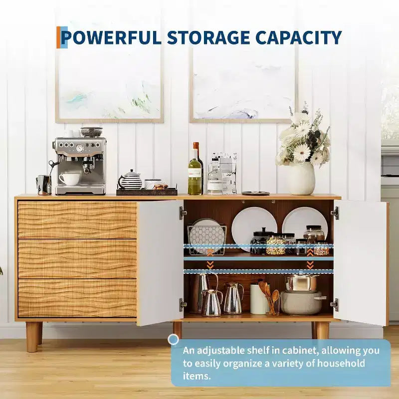 Acekool 61 Credenza Mid-Century - Mobile Buffet in Legno Naturale con 3 Cassetti, 2 Ante e Design a Onda per Sala da Pranzo, Cucina