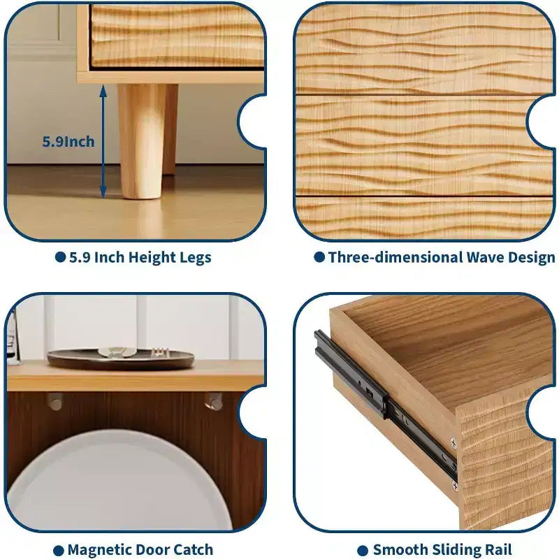 Acekool 61 Credenza Mid-Century - Mobile Buffet in Legno Naturale con 3 Cassetti, 2 Ante e Design a Onda per Sala da Pranzo, Cucina