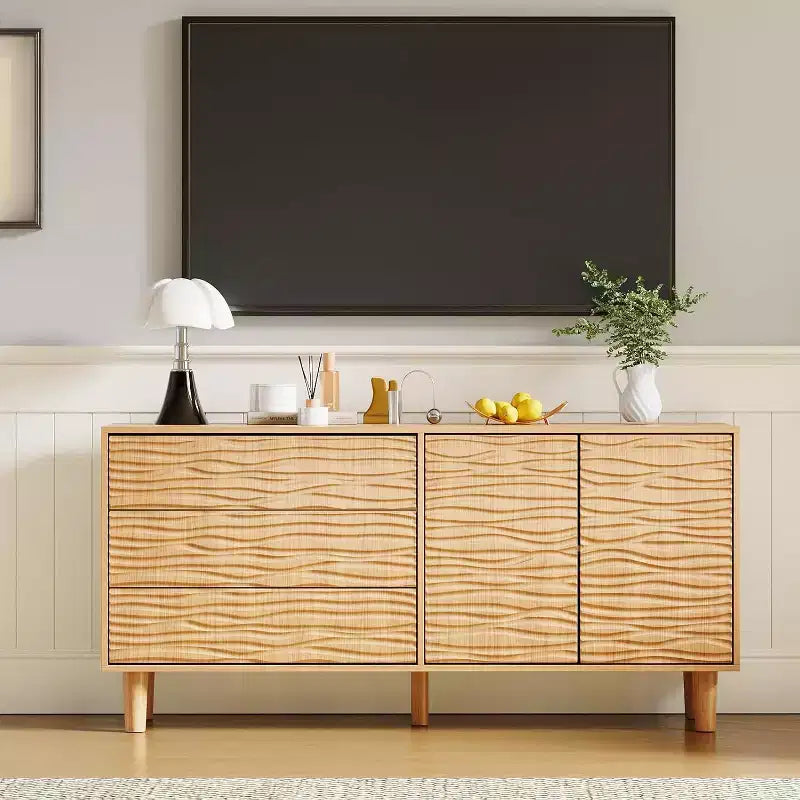 Acekool 61 Credenza Mid-Century - Mobile Buffet in Legno Naturale con 3 Cassetti, 2 Ante e Design a Onda per Sala da Pranzo, Cucina