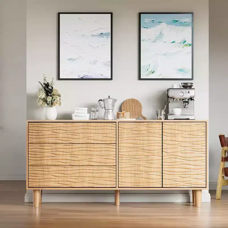 Acekool 61 Credenza Mid-Century - Mobile Buffet in Legno Naturale con 3 Cassetti, 2 Ante e Design a Onda per Sala da Pranzo, Cucina