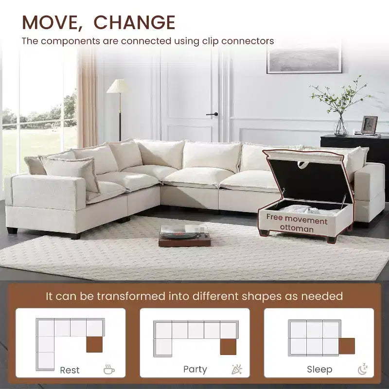 Divano componibile a U oversize a 7 posti Polibi con pouf contenitore