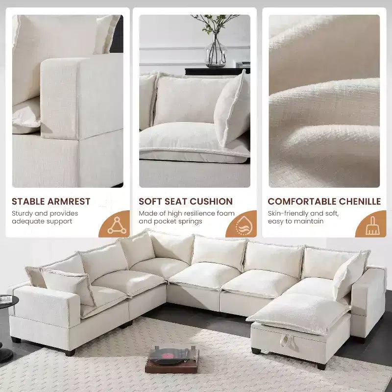 Divano componibile a U oversize a 7 posti Polibi con pouf contenitore