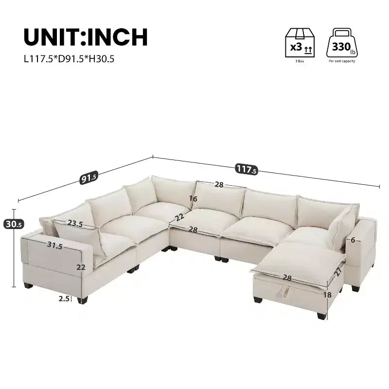 Divano componibile a U oversize a 7 posti Polibi con pouf contenitore