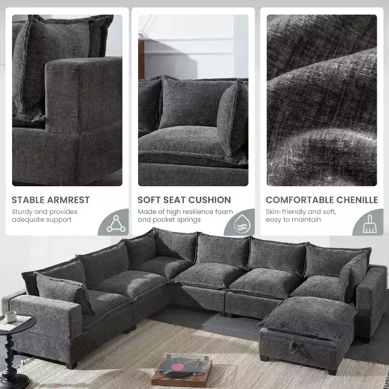 Divano componibile a U oversize a 7 posti Polibi con pouf contenitore