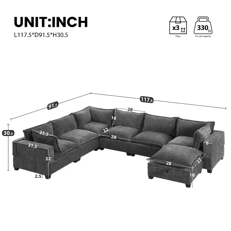Divano componibile a U oversize a 7 posti Polibi con pouf contenitore