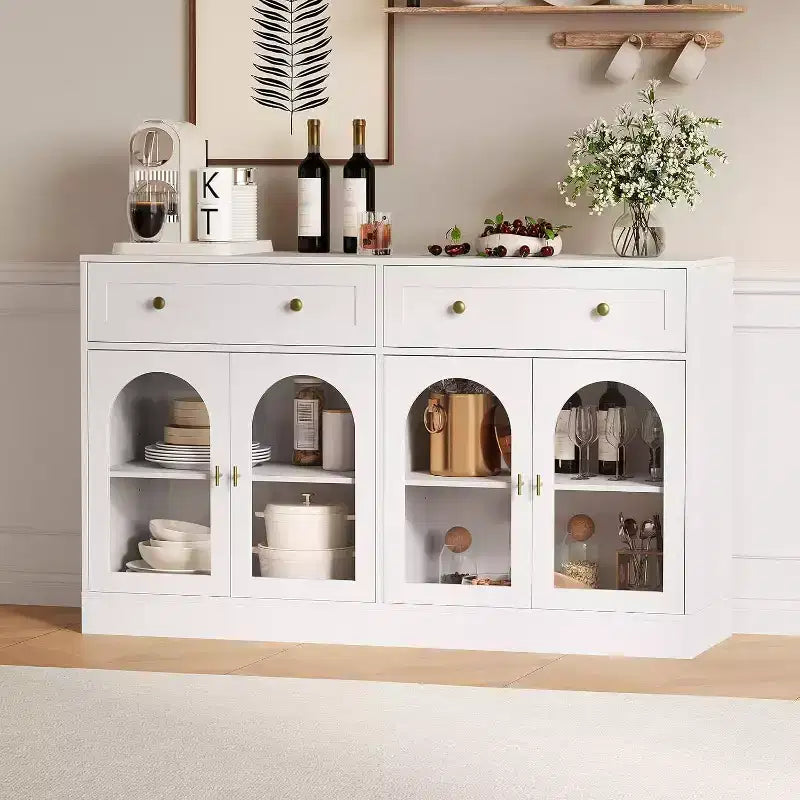 Acekool 55 Madia rustica con contenitore, Consolle credenza con 2 cassetti e 4 ante in acrilico per cucina, sala da pranzo e soggiorno, Bianco