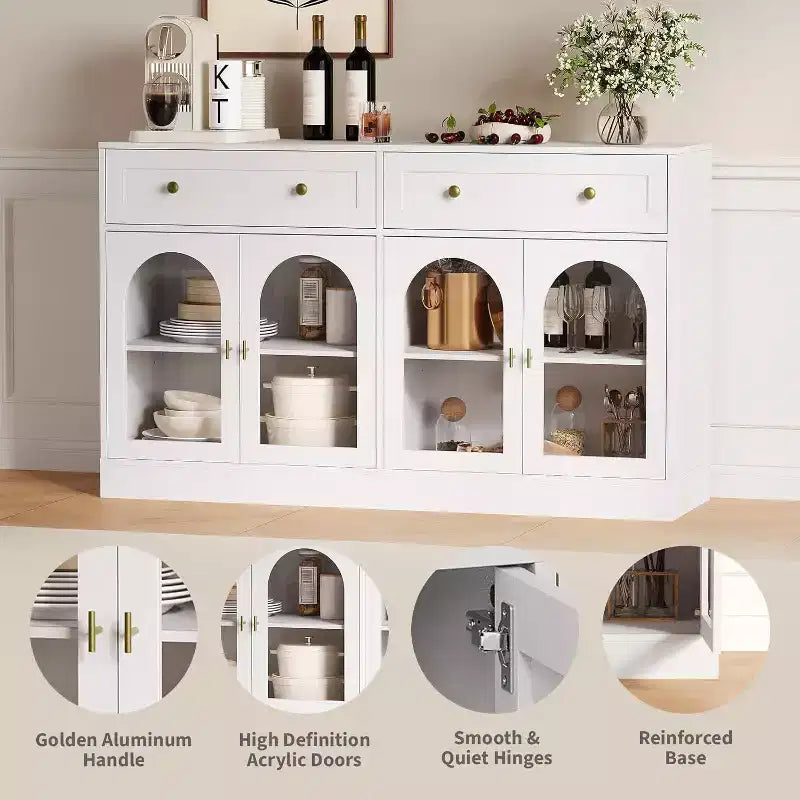 Acekool 55 Madia rustica con contenitore, Consolle credenza con 2 cassetti e 4 ante in acrilico per cucina, sala da pranzo e soggiorno, Bianco