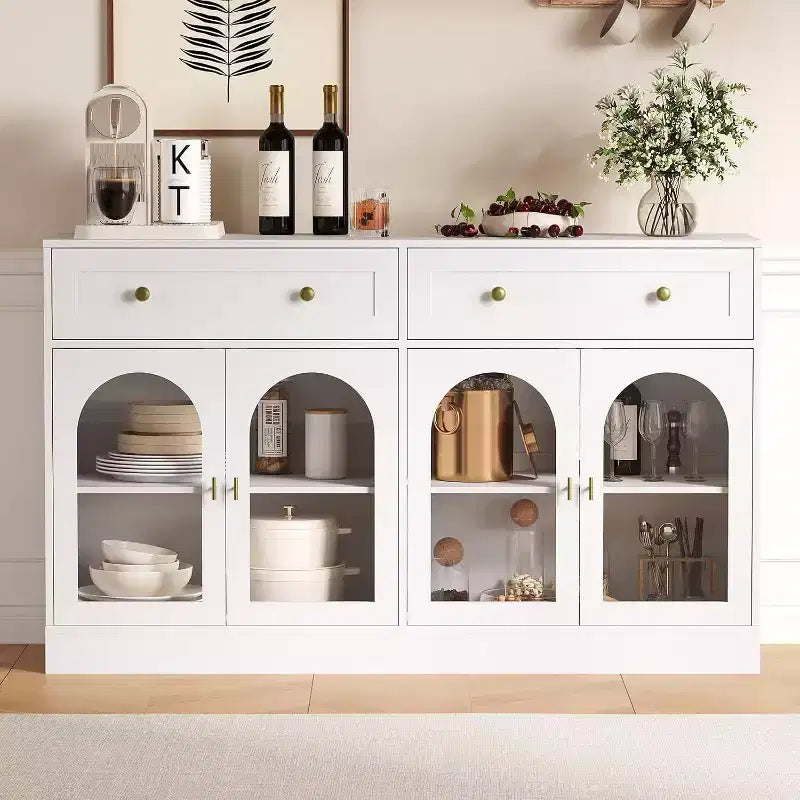 Acekool 55 Madia rustica con contenitore, Consolle credenza con 2 cassetti e 4 ante in acrilico per cucina, sala da pranzo e soggiorno, Bianco