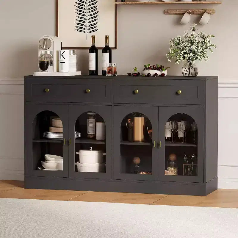 Acekool 55 Madia rustica con contenitore, Consolle credenza con 2 cassetti e 4 ante in acrilico per cucina, sala da pranzo e soggiorno, Bianco