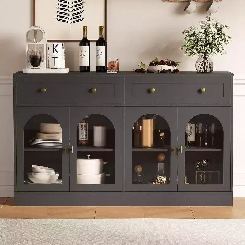 Acekool 55 Madia rustica con contenitore, Consolle credenza con 2 cassetti e 4 ante in acrilico per cucina, sala da pranzo e soggiorno, Bianco