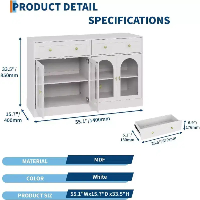 Acekool 55 Madia rustica con contenitore, Consolle credenza con 2 cassetti e 4 ante in acrilico per cucina, sala da pranzo e soggiorno, Bianco