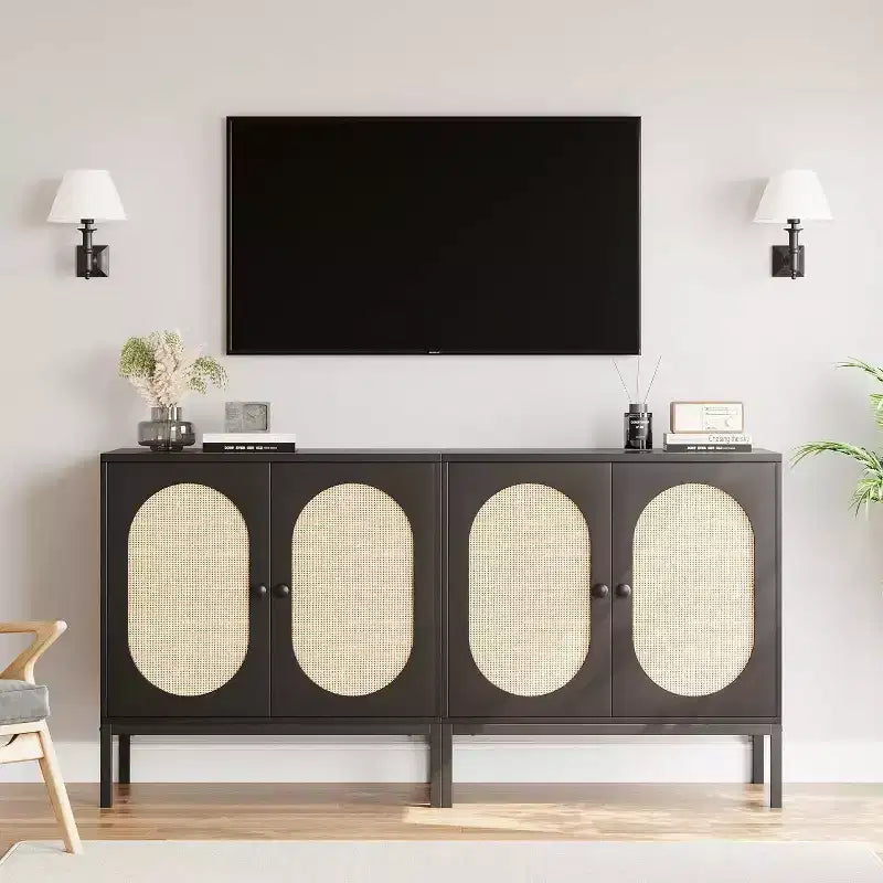 Acekool 2-Pack Rattan Sideboards with Adjustable Shelves, Kitchen Cabinets with Worktop for Living Room, Hallway, Dining Area