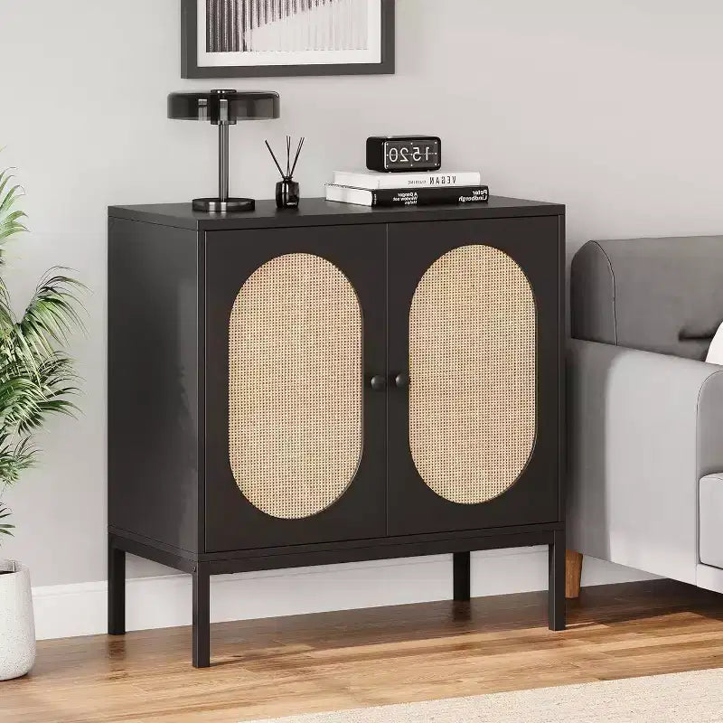 Acekool Set di 2 Madie in Rattan con Ripiani Regolabili, Credenze da Cucina con Piano d'Appoggio per Soggiorno, Corridoio, Sala da Pranzo