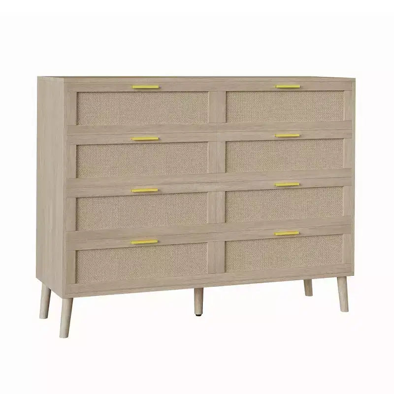8 Drawer Rattan Dresser,Wooden Chest of Drawers with 5 Solid Wood Legs,Mid Century Modern Dresser for Closet with Handles for Bedroom, Living Room