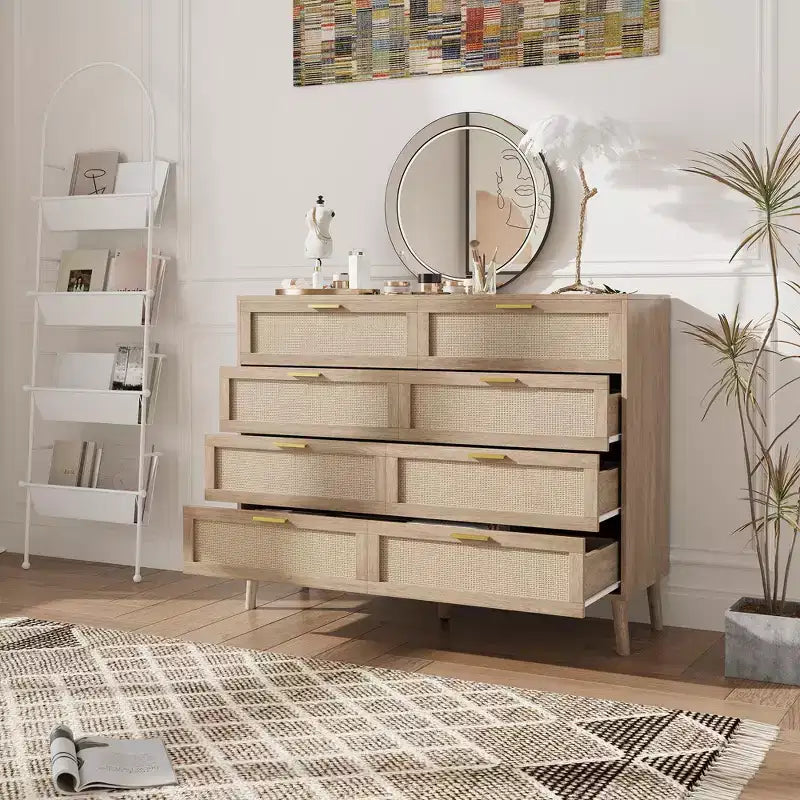 Cassettiera in Rattan a 8 Cassetti, Cassettiera in Legno con 5 Gambe in Legno Massello, Cassettiera Moderna di Metà Secolo per Armadio con Maniglie per Camera da Letto, Soggiorno